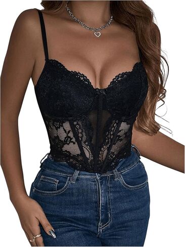Milumia Women's Floral Lace Corset Crop Top Spaghetti Strap Bustier Rave Party Camisole Tank Tops in Saudi Arabia