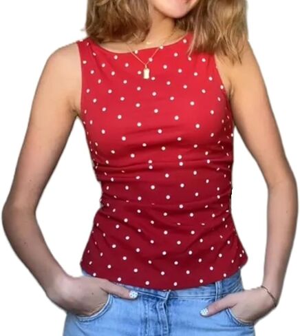 النساء Y2K البولكا نقطة تانك القمم قارب رابطة عنق الظهر بلوزات بلا اكمام الصيف الخروج Ruched بلوزات خمر الشارع الشهير in Kuwait
