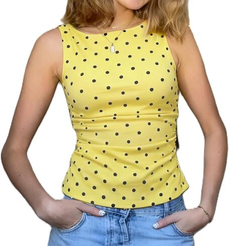 النساء Y2K البولكا نقطة تانك القمم قارب رابطة عنق الظهر بلوزات بلا اكمام الصيف الخروج Ruched بلوزات خمر الشارع الشهير in Kuwait