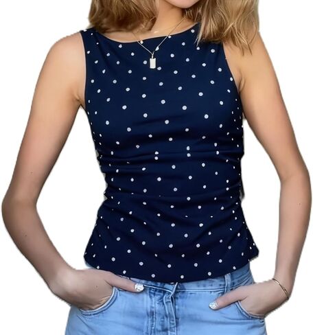 النساء Y2K البولكا نقطة تانك القمم قارب رابطة عنق الظهر بلوزات بلا اكمام الصيف الخروج Ruched بلوزات خمر الشارع الشهير in Kuwait