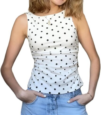 النساء Y2K البولكا نقطة تانك القمم قارب رابطة عنق الظهر بلوزات بلا اكمام الصيف الخروج Ruched بلوزات خمر الشارع الشهير in Kuwait
