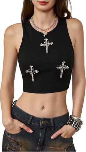 SHENHE Women's Cross Rhinestone Tank Tops Goth Rib Knit Crop Top Vest in Saudi Arabia