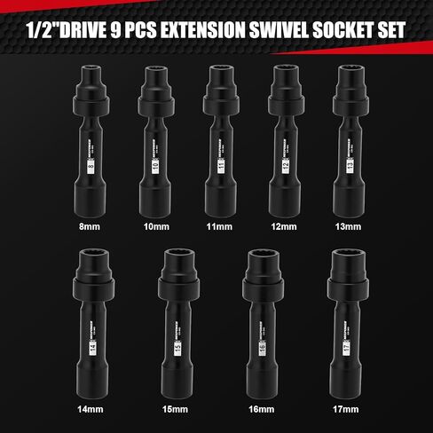 MIXPOWER 9-Piece 1/2" Drive Master Extension Swivel Socket Set,12-Point,Metric,8mm-17mm,CR-MO Steel,Driveline Limited Clearance Socket Set With Storage Case in Saudi Arabia