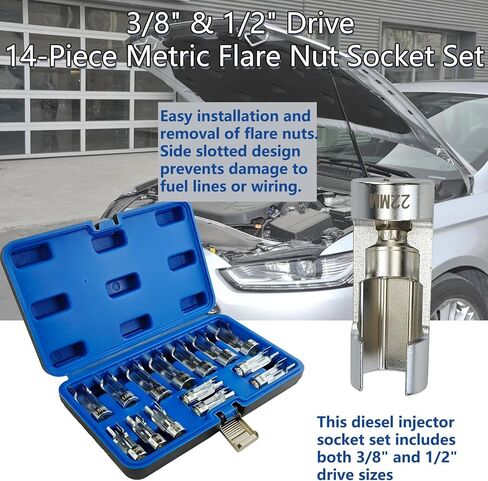 14-Piece Metric Flare Nut Wrench Set, 3/8" & 1/2" Drive Fuel Line Socket Set for Diesel Injector, Automotive Brake Line Tools (8mm-22mm) in Kuwait