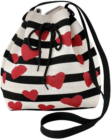 حقيبة دلو كروشيه متماسكة برباط على شكل قلب، حقيبة كروس صغيرة لطيفة للنساء، حقائب كتف كورية عصرية كاجوال مخططة للاستخدام اليومي in Kuwait