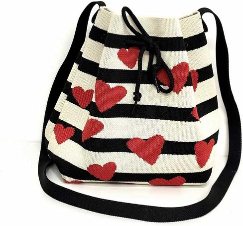 حقيبة دلو كروشيه متماسكة برباط على شكل قلب، حقيبة كروس صغيرة لطيفة للنساء، حقائب كتف كورية عصرية كاجوال مخططة للاستخدام اليومي in Kuwait