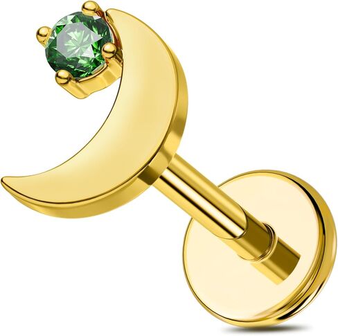 OUFER 18G Moon Cartilage Piercling Jewelry-G23 Titanium Flat Back Push Pin Gold Helix Earrings, Shiny Emerald CZ Tragus Lobe Rook Helix Piercing Jewelry in Saudi Arabia