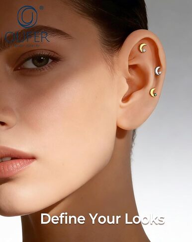 OUFER 18G Moon Cartilage Piercling Jewelry-G23 Titanium Flat Back Push Pin Gold Helix Earrings, Shiny Emerald CZ Tragus Lobe Rook Helix Piercing Jewelry in Saudi Arabia