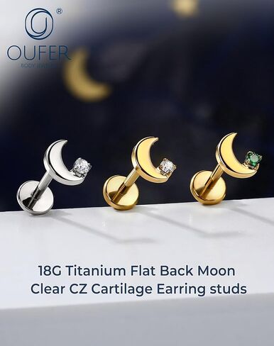 OUFER 18G Moon Cartilage Piercling Jewelry-G23 Titanium Flat Back Push Pin Gold Helix Earrings, Shiny Emerald CZ Tragus Lobe Rook Helix Piercing Jewelry in Saudi Arabia