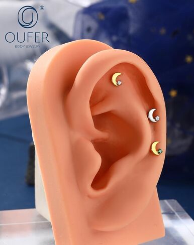 OUFER 18G Moon Cartilage Piercling Jewelry-G23 Titanium Flat Back Push Pin Gold Helix Earrings, Shiny Emerald CZ Tragus Lobe Rook Helix Piercing Jewelry in Saudi Arabia
