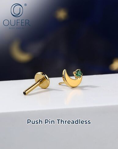 OUFER 18G Moon Cartilage Piercling Jewelry-G23 Titanium Flat Back Push Pin Gold Helix Earrings, Shiny Emerald CZ Tragus Lobe Rook Helix Piercing Jewelry in Saudi Arabia