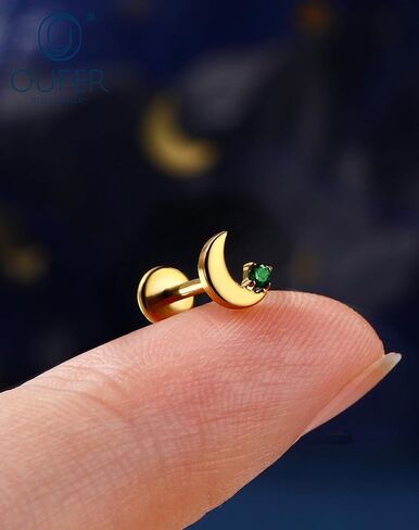OUFER 18G Moon Cartilage Piercling Jewelry-G23 Titanium Flat Back Push Pin Gold Helix Earrings, Shiny Emerald CZ Tragus Lobe Rook Helix Piercing Jewelry in Saudi Arabia