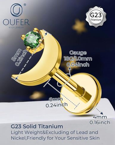 OUFER 18G Moon Cartilage Piercling Jewelry-G23 Titanium Flat Back Push Pin Gold Helix Earrings, Shiny Emerald CZ Tragus Lobe Rook Helix Piercing Jewelry in Saudi Arabia