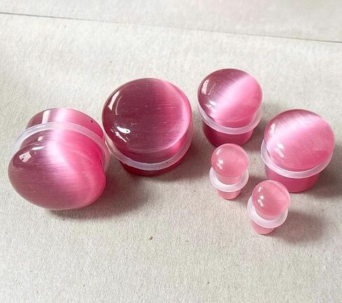 PAIR of Unique Pink Cat Eye Stone Single Flare Plugs with O-Rings - Gauges - Tunnels - Body Jewelry in Saudi Arabia