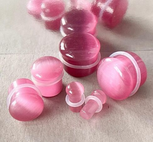 PAIR of Unique Pink Cat Eye Stone Single Flare Plugs with O-Rings - Gauges - Tunnels - Body Jewelry in Saudi Arabia