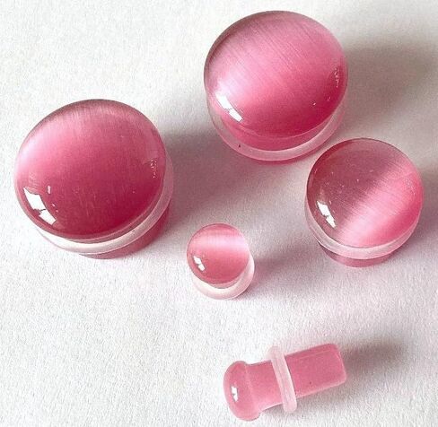 PAIR of Unique Pink Cat Eye Stone Single Flare Plugs with O-Rings - Gauges - Tunnels - Body Jewelry in Saudi Arabia