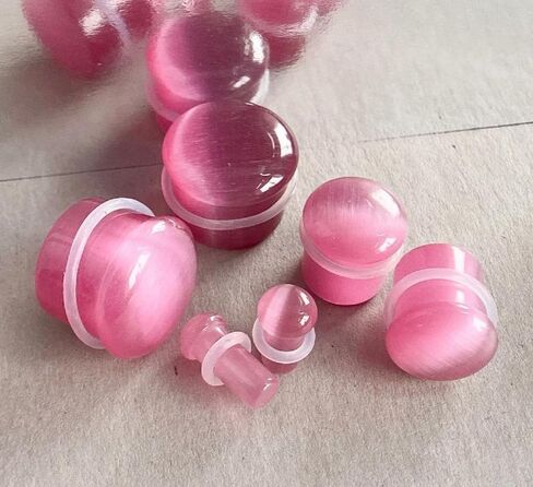 PAIR of Unique Pink Cat Eye Stone Single Flare Plugs with O-Rings - Gauges - Tunnels - Body Jewelry in Saudi Arabia