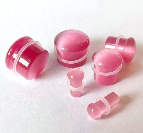 PAIR of Unique Pink Cat Eye Stone Single Flare Plugs with O-Rings - Gauges - Tunnels - Body Jewelry in Saudi Arabia