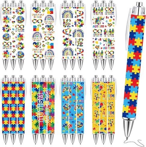 24 Pcs Autism Awareness Pens, Colorful Puzzle Autism Awareness Month Ballpoint Pens Bulk, Motivational Rainbow Heart Ball Point for Women Man Students Teachers Gift in Kuwait