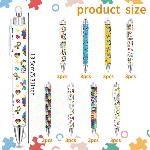 24 Pcs Autism Awareness Pens, Colorful Puzzle Autism Awareness Month Ballpoint Pens Bulk, Motivational Rainbow Heart Ball Point for Women Man Students Teachers Gift in Kuwait