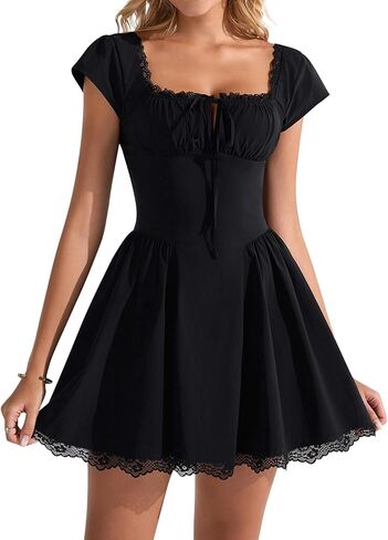 EYNMIN Lace Mini Dress Cap Sleeve Tie Front Square Neck A Line Cute Short Graduation Dresses for Women 2026 Summer in Kuwait