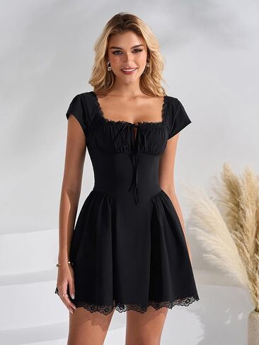 EYNMIN Lace Mini Dress Cap Sleeve Tie Front Square Neck A Line Cute Short Graduation Dresses for Women 2026 Summer in Saudi Arabia