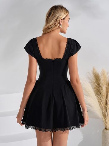 EYNMIN Lace Mini Dress Cap Sleeve Tie Front Square Neck A Line Cute Short Graduation Dresses for Women 2026 Summer in Saudi Arabia