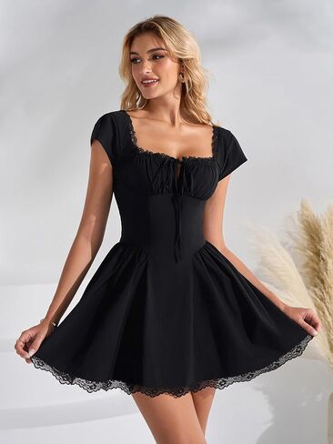 EYNMIN Lace Mini Dress Cap Sleeve Tie Front Square Neck A Line Cute Short Graduation Dresses for Women 2026 Summer in Saudi Arabia