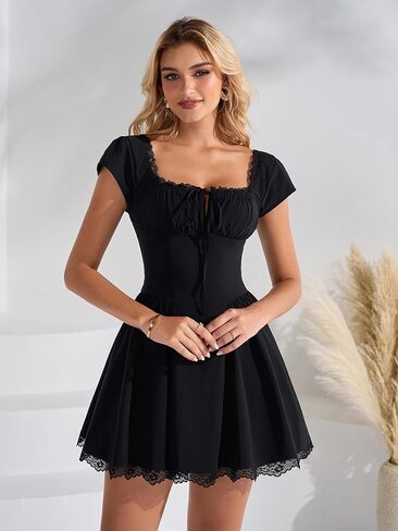 EYNMIN Lace Mini Dress Cap Sleeve Tie Front Square Neck A Line Cute Short Graduation Dresses for Women 2026 Summer in Saudi Arabia