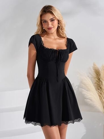 EYNMIN Lace Mini Dress Cap Sleeve Tie Front Square Neck A Line Cute Short Graduation Dresses for Women 2026 Summer in Saudi Arabia