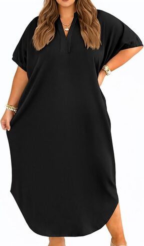 Beautife Women's Plus Size T Shirt Dress Collared V Neck Short Sleeve Maxi Dress Casual Curved Long Dresses with Pockets in Kuwait