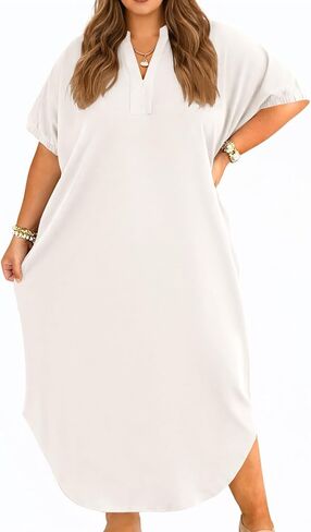 Beautife Women's Plus Size T Shirt Dress Collared V Neck Short Sleeve Maxi Dress Casual Curved Long Dresses with Pockets in Saudi Arabia