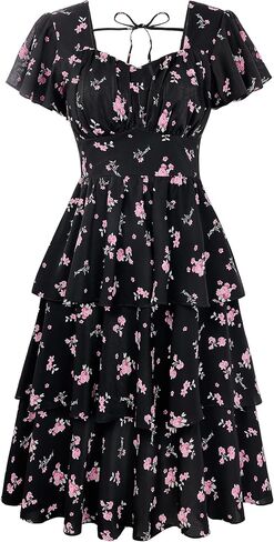 Belle Poque Women's Square Neck Dust Tier Frick 2025 Summer Vintage Short Sleeve Live A-Line Swing Midi Dress in Saudi Arabia