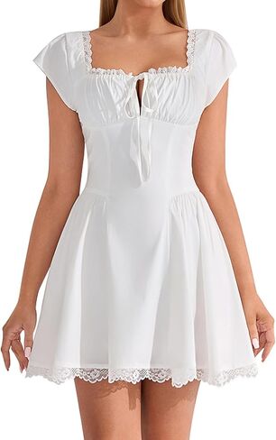 EYNMIN Lace Mini Dress Cap Sleeve Tie Front Square Neck A Line Cute Short Graduation Dresses for Women 2026 Summer in Saudi Arabia