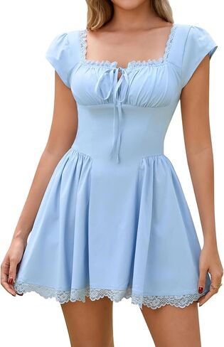 EYNMIN Lace Mini Dress Cap Sleeve Tie Front Square Neck A Line Cute Short Graduation Dresses for Women 2026 Summer in Saudi Arabia