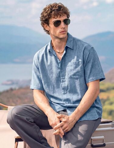 EKLENTSON Men's Button Down Shirts Short Sleeve Casual Summer Beach Shirt Textured Relaxed Tropical Shirt with Pocket in Saudi Arabia