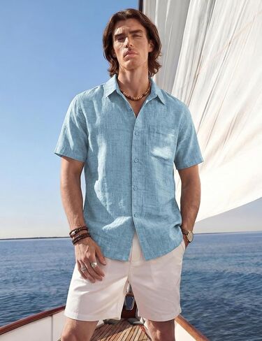 EKLENTSON Men's Button Down Shirts Short Sleeve Casual Summer Beach Shirt Textured Relaxed Tropical Shirt with Pocket in Saudi Arabia