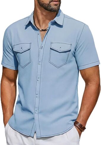 Runcati Mens Button Down Shirts Short Sleeve Casual Cotton Linen Shirt Western Cowboy Tops with Pockets in Saudi Arabia