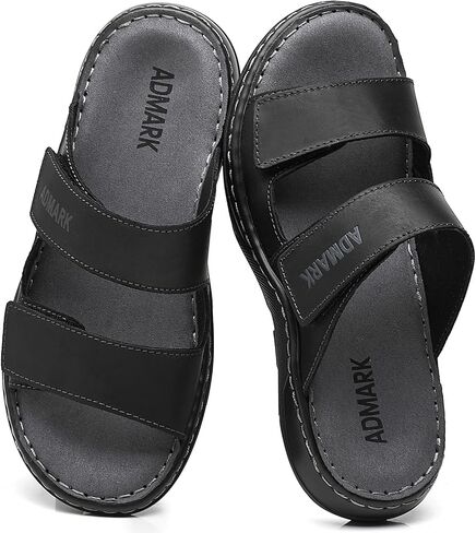 ADMARK Men's Full-Grain Leather Slide Sandals, Adjustable Strap Slip-On with Arch Support & Memory Foam Footbed, Lightweight Comfort for Walking Casual Outdoor Beach in Kuwait