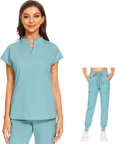VIAOLI Women's Scrubs Set V-Neck Scrub Top with Jogger Pant and 8 Pockets for Nursing and Clinical Work Uniform in Saudi Arabia