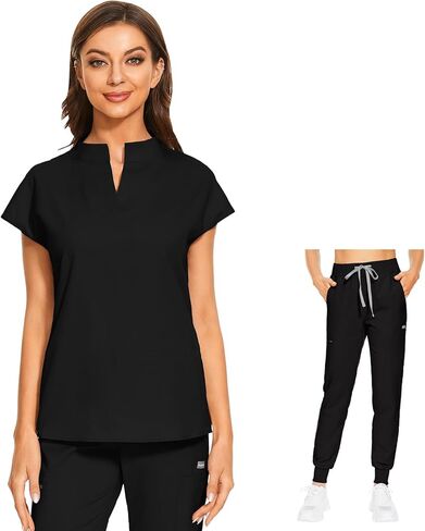 VIAOLI Women's Scrubs Set V-Neck Scrub Top with Jogger Pant and 8 Pockets for Nursing and Clinical Work Uniform in Saudi Arabia