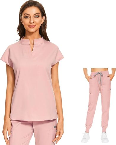 VIAOLI Women's Scrubs Set V-Neck Scrub Top with Jogger Pant and 8 Pockets for Nursing and Clinical Work Uniform in Saudi Arabia