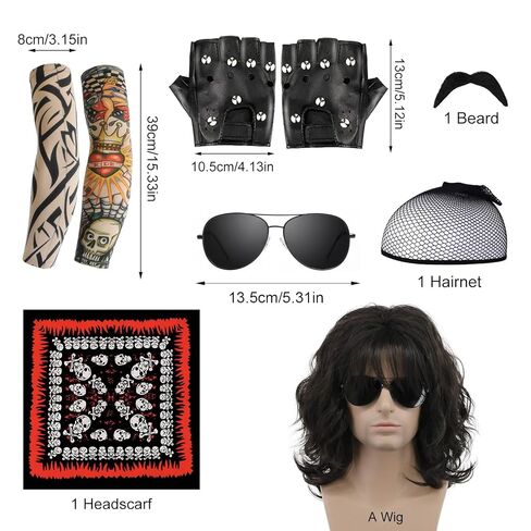 7 قطع زي الروك للرجال، شعر مستعار أسود قصير مموج، ديسكو للرجال، زي الحفلات للرجال مع باروكات، نظارات شمسية، لحى، أكمام، قفازات، أوشحة للرأس لمدة 70 ثانية، 80 ثانية، 90 ثانية in Kuwait