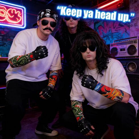 7 قطع زي الروك للرجال، شعر مستعار أسود قصير مموج، ديسكو للرجال، زي الحفلات للرجال مع باروكات، نظارات شمسية، لحى، أكمام، قفازات، أوشحة للرأس لمدة 70 ثانية، 80 ثانية، 90 ثانية in Kuwait