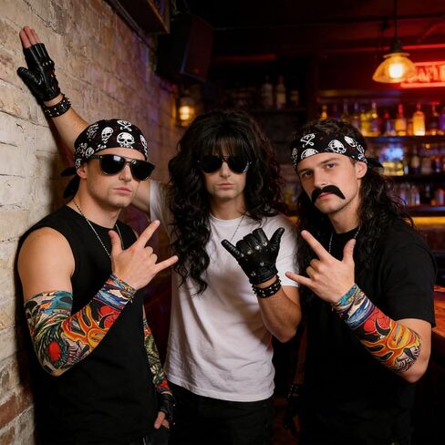 7 قطع زي الروك للرجال، شعر مستعار أسود قصير مموج، ديسكو للرجال، زي الحفلات للرجال مع باروكات، نظارات شمسية، لحى، أكمام، قفازات، أوشحة للرأس لمدة 70 ثانية، 80 ثانية، 90 ثانية in Kuwait