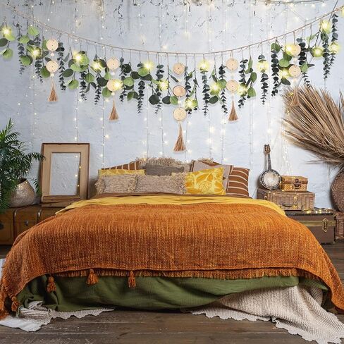 Juexica Artificial Hanging Eucalyptus Wall Decor Boho Bedroom Wall Decor with LED String Light for Home Office Farmhouse Nursery Bathroom Kitchen (Wooden Tassel) in Saudi Arabia