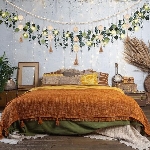 Juexica Artificial Hanging Eucalyptus Wall Decor Boho Bedroom Wall Decor with LED String Light for Home Office Farmhouse Nursery Bathroom Kitchen (Wooden Tassel) in Saudi Arabia