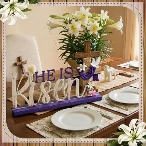 علامة طاولة عيد الفصح الدينية من He Is Risen لتزيين عيد الفصح، حرف معدني للمزرعة، علامات مركزية على سطح الطاولة المسيحية، زخارف صينية ذات طبقات متقاطعة لمستلزمات المكتب والمنزل والحفلات in Saudi Arabia