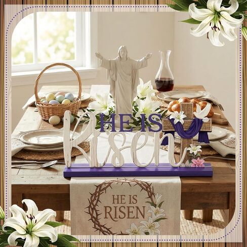 علامة طاولة عيد الفصح الدينية من He Is Risen لتزيين عيد الفصح، حرف معدني للمزرعة، علامات مركزية على سطح الطاولة المسيحية، زخارف صينية ذات طبقات متقاطعة لمستلزمات المكتب والمنزل والحفلات in Saudi Arabia