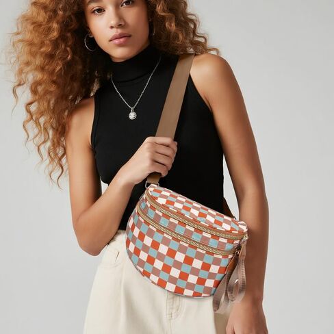Spacious Crossbody Bag Nylon Bum Bag for Women Fanny Packs Handbags with Adjustable Straps Multicolor Checkered in Kuwait